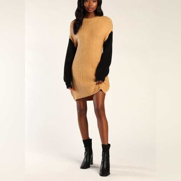 Lulus Falling for Fall Beige and Black Color Block Sweater Dress M Cable Knit - Picture 3 of 10